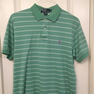 Green and White Striped Polo